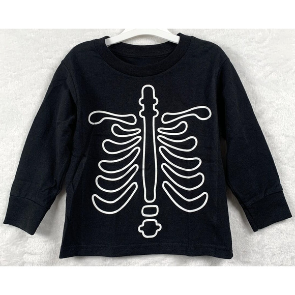 Kids Toddler Halloween Long Sleeve Glow in the Dark T-Shirt Skeleton Size 3T Blk - Picture 2 of 4